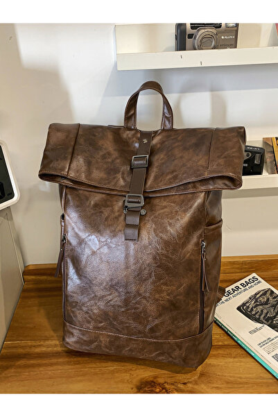 Take Two By Styli Coffee Brown Leather Flap Closure Backpack