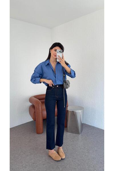 HAZELANNA جينز مومفيت باللون الأزرق الداكن