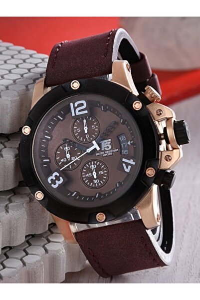 T5 Saat T5 Men's Wristwatch – Rose Gold Large Case – Brown Leather Band – Chronograph & Calendar – Water Resistant