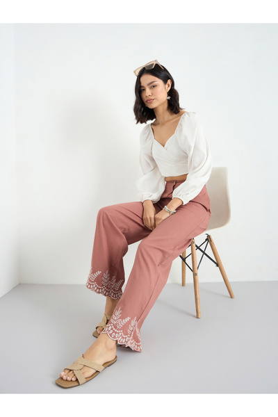 Styli Rust Wide Leg Trousers with Embroidered Hem