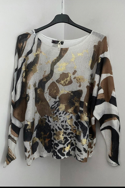 AYASOFYA OTANTIK Γυναικείο πουλόβερ μεσαίου μήκους με μοτίβο φύλλων καπουτσίνο με λεπτομέρεια από φύλλο μερσεριζέ