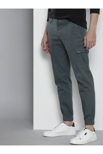 The Indian Garage Co By Styli Men Grey Solid Slim Fit Cargo Pants