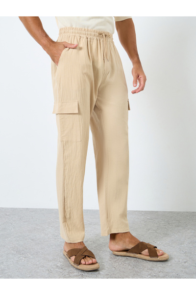 Styli Men Linen Blend Straight Leg Plain Trousers