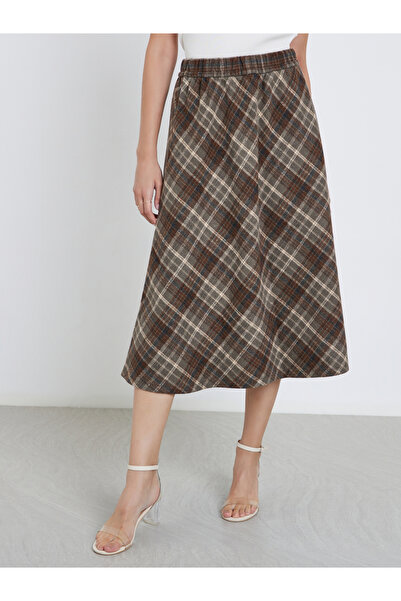 Styli Checked Elastic Waistband A-Line Midi Skirt
