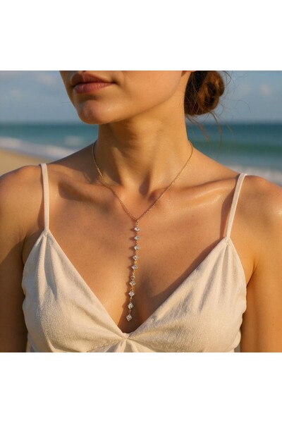 POKAK 14K Altın Rengi Kesme Baget Kristal Y Model Çelik Kolye