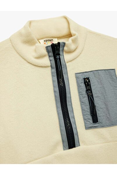 Koton Long Sleeve Stand Collar Half Zipper Fleece Sweatshirt with Pocket Detail