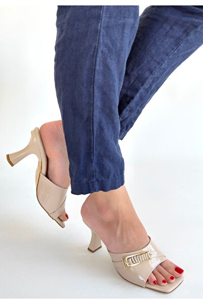 alfaze Topuklu Terlik Rugan Bej Topuk Boyu 7 Cm