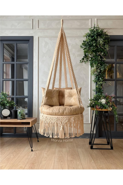 Morvia Etekli Sarmaşık Tek Kişilik Makrome Salıncak – El Yapımı, Dekoratif Pü...