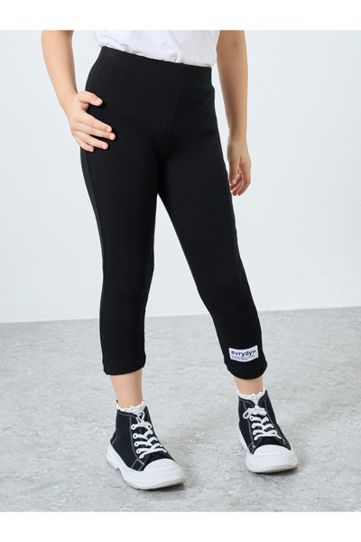 Styli Girls Black Ribbed Leggings with Badge Detail