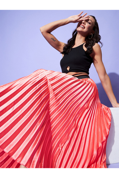 Stylestone By Styli Satin Pink Pleated A-Line Midi Skirt