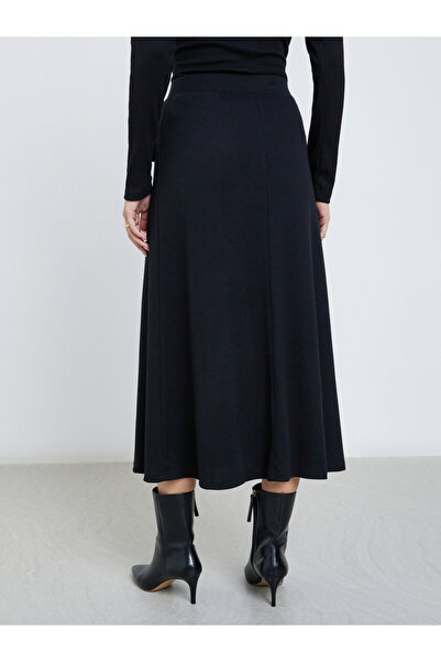 Styli Black Ribbed A-Line Midi Skirt