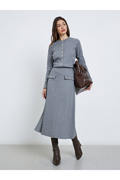 Styli Grey Ribbed A-Line Midi Skirt