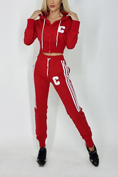 FashionForYou Catryna women's tracksuit, pants and short sweatshirt with zipper, Red