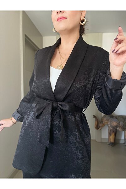 Butik Didem Sakinci Belden Bağlamalı Ceket Pantolon Takım Parlak Saten Dokulu