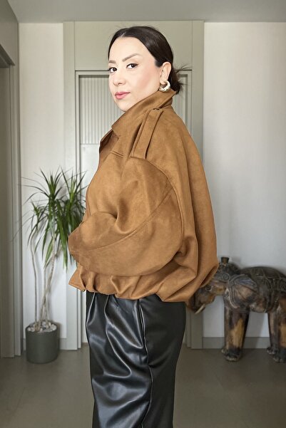 Butik Didem Sakinci Suede Bomber Jacket Soft Textured Oversize