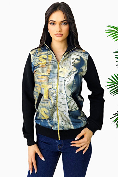 FashionForYou Hanorac vatuit PerHUAN, cu print retro si fermoar, Negru, Marimea