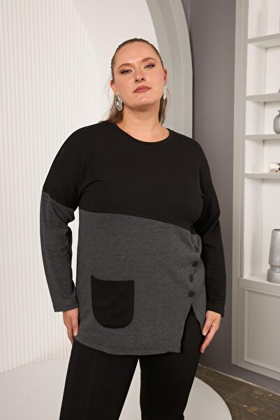 RMG Büyük Beden Önü Düğme ve Cep Detay Bluz Siyah