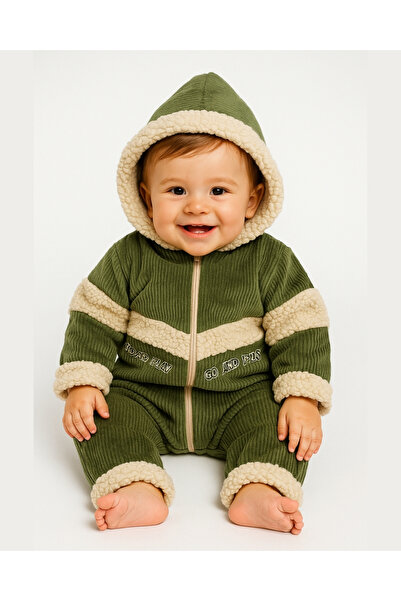 Asliva fashion Kadife Welsoft Astarlı Bebek Tulum – Kışlık Kapüşonlu Model