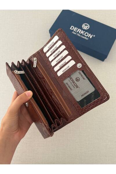 DERKON Crocodile Patterned Genuine Leather Women's Wallet with Plenty of Eyelets, Brown
