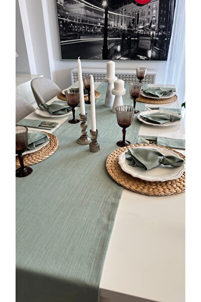 Decamor home Linen Textured Green Runner Seamless Fabric 1 Piece Runner