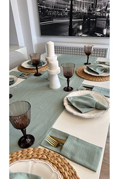 Decamor home Linen Textured Green Runner Seamless Fabric 1 Piece Runner