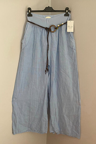 AYASOFYA OTANTIK Women's Baby Blue Italian Rope Belted Wide Leg Linen Trousers