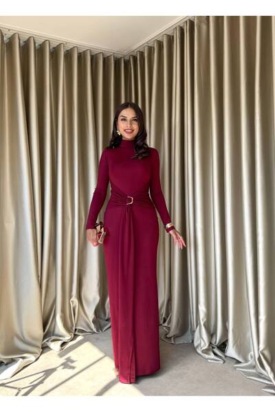 zoezoe YÜKSEK BOĞAZLI BELDE TASARIM KUŞAK DETALI UZUN DAVET ELBİSESİ