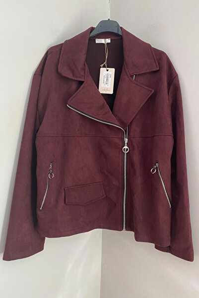 AYASOFYA OTANTIK سترة نسائية إيطالية من جلد الغزال باللون العنابي مع ياقة وسح...