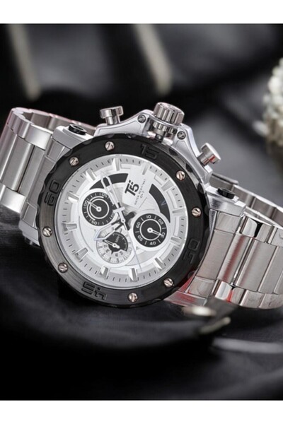 T5 Saat T5 Men's Wristwatch – Steel Band – Black Bezel – White Dial – Chronograph & Calendar – Water Resistant