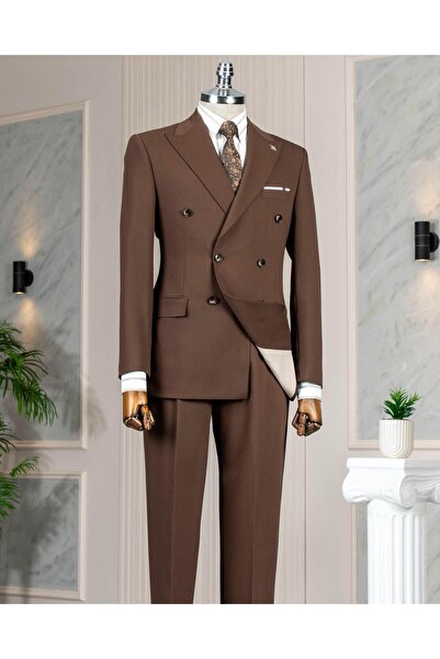 TerziAdemAltun İtalyan stil kruvaze ceket pantolon takım elbise kahverengi T14084