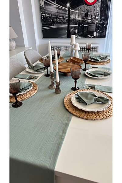 Decamor home Linen Textured Green Runner Seamless Fabric 1 Piece Runner