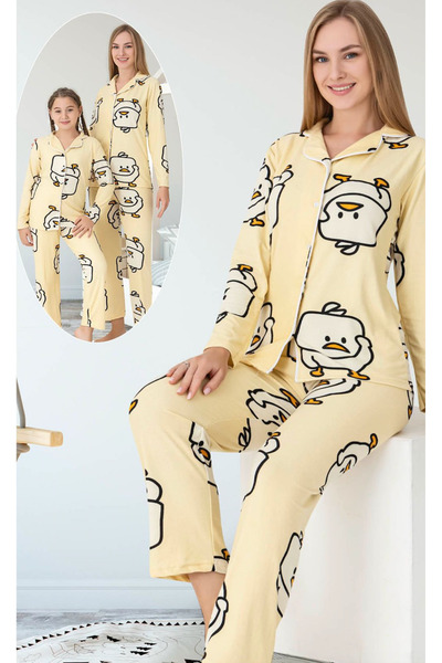 ANGEL VALESKA Civciv Desenli Düğmeli Uzun Kollu Anne Kız Pijama Takımı