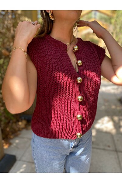 ORGANICMIRA Kadın Bordo Yelek Düğmeli Süveter Bluz Örgü Hırka