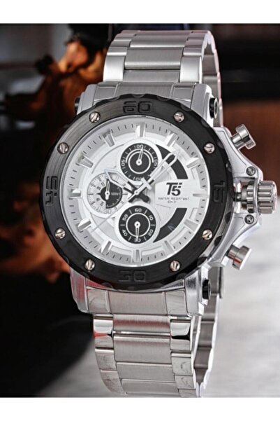 T5 Saat T5 Men's Wristwatch – Steel Band – Black Bezel – White Dial – Chronograph & Calendar – Water Resistant