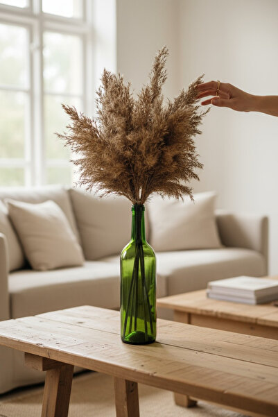 Alyones Doğal Pampas Otu Demeti – 5’li Yeşil Vazolu Set, 50 cm Dekoratif Kurutulmuş Bitki