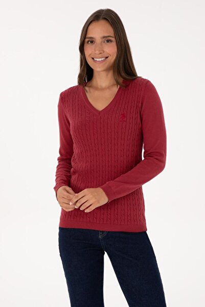 U.S. Polo Assn. Women's Dark Raspberry V-Neck Basic Sweater Tekspor222591.5