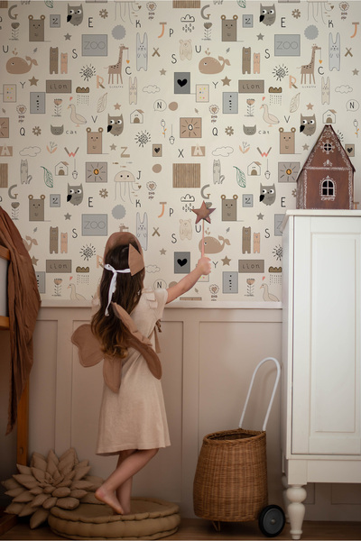 Tasarım Pastel Tonlar Sembolik İconlar Harfler ve Hayvan Figürleri Çocuk Bebek Odası Duvar Kağıdı