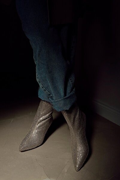 POLKA STORE Party Sparkling Stone Detailed Suede Ankle Mid-Heel Zippered Pointed Toe Women's Boots Bootie