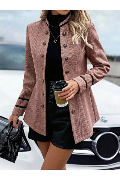 Silerra سترة نسائية قصيرة بأكمام طويلة وياقة حكيم مع تفاصيل الأزرار