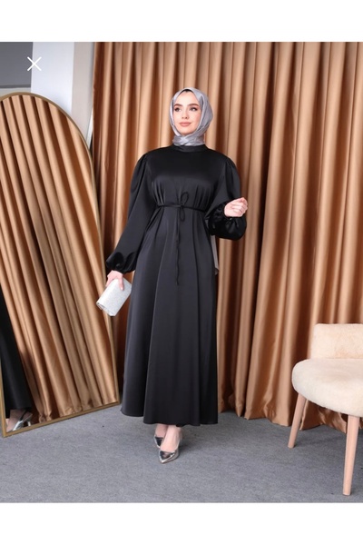 VAIMONI MODA Balon Kol Saten Tesettür Oversize Biye Kuşaklı Tesettür Elbise
