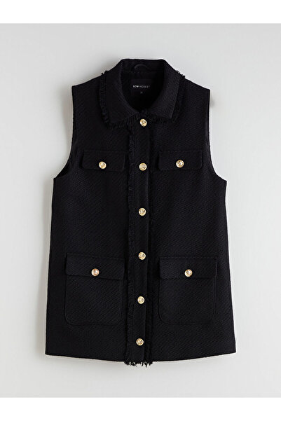 LC Waikiki Black Shirt Collar Women's Tweed Vest