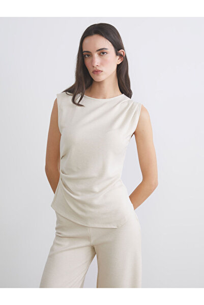 LC Waikiki Beige Crew Neck Gathered Blouse