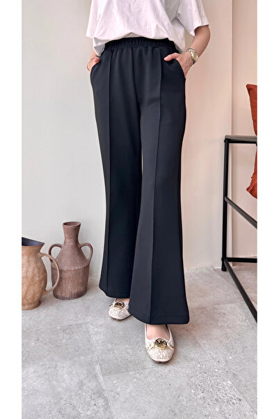 Miraydın Butik Kadın Bol Paça Çımalı Scuba Pantolon M7071 - Siyah
