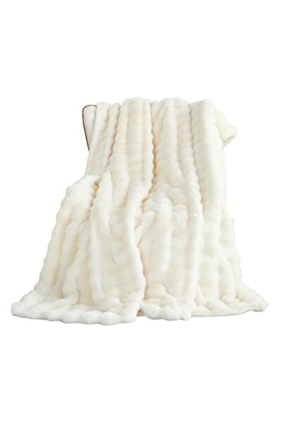 Shanna Fluffy blanket, artificial rabbit fur, 1000 g/m², with ruffles, 200x160 cm, white