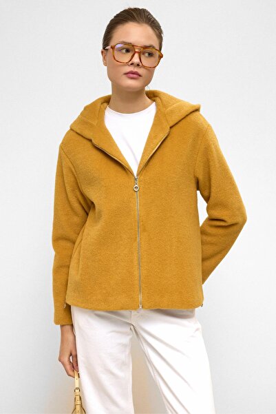Olcay Hooded Zipper Detailed Oversize Short Coat Mustard 3130
