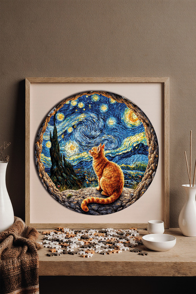 WePuzzleUp Ahşap Puzzle - Yıldızlı Gecenin Altındaki Kedi - 252 Parça, 29x29 cm