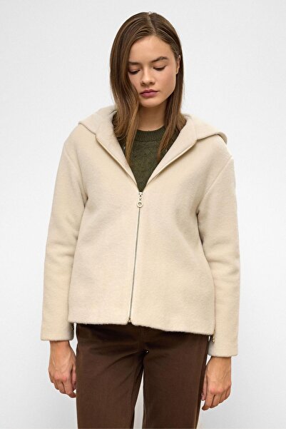 Olcay Оверсайз короткий пальто з капюшоном і блискавкою BEJ 3130