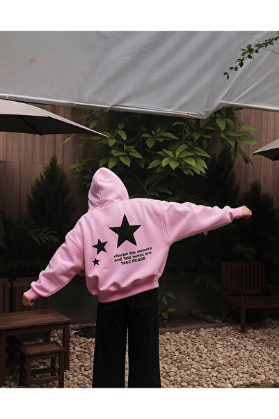 CLASSY.MODA سترة رياضية بغطاء للرأس للجنسين بمقاس كبير مع طباعة نجمة كبيرة في...