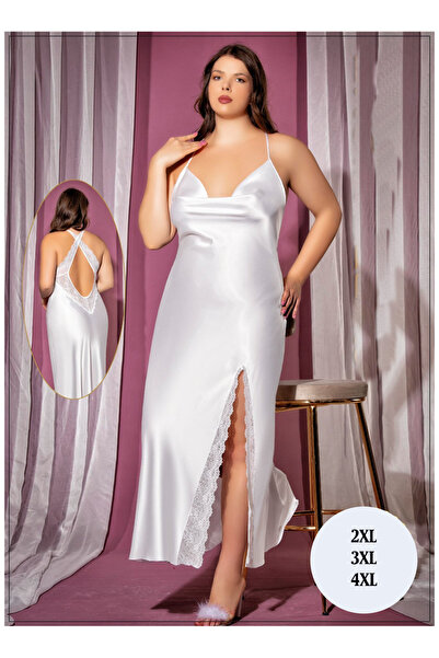 lidofya Büyük Beden Saten Beyaz Gecelik Yırtmaçlı