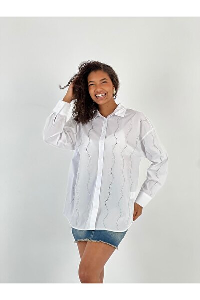 Miss Poem Γυναικείο λευκό πουκάμισο με λεπτομέρεια με πέρλες στο λαιμό